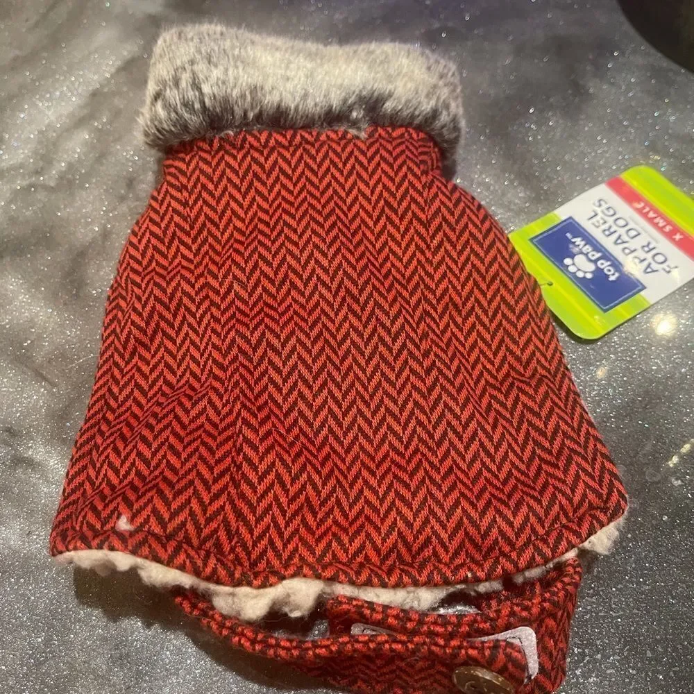 RED TWEED Harness Pet Jacket Vest w Faux Fur & Wooly Trim!